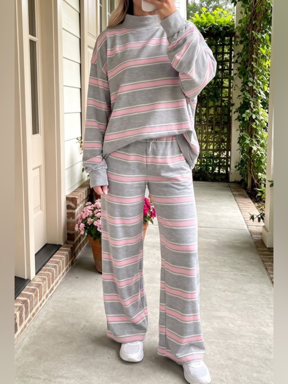pink gray striped mock neck wide leg matching set
